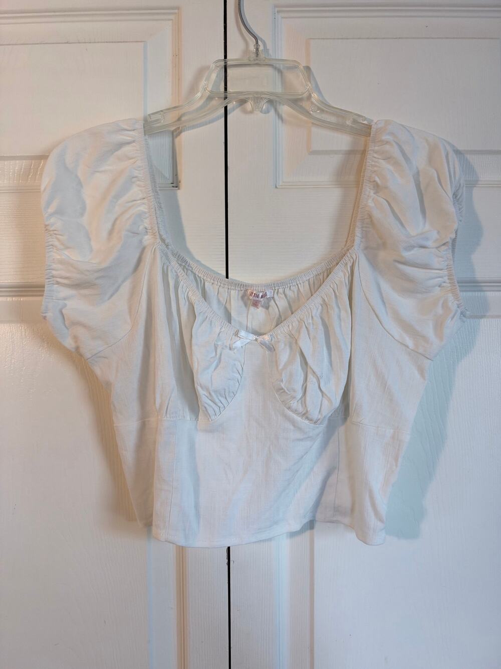 Lottie Moss Women L Crop Top Puff Sleeve Bow Milkmaid Sweetheart Coquette NEW